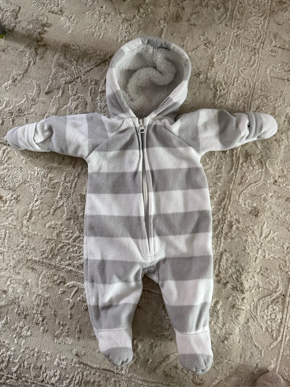 Old Navy Gray and White Striped Fleece Hooded Footie